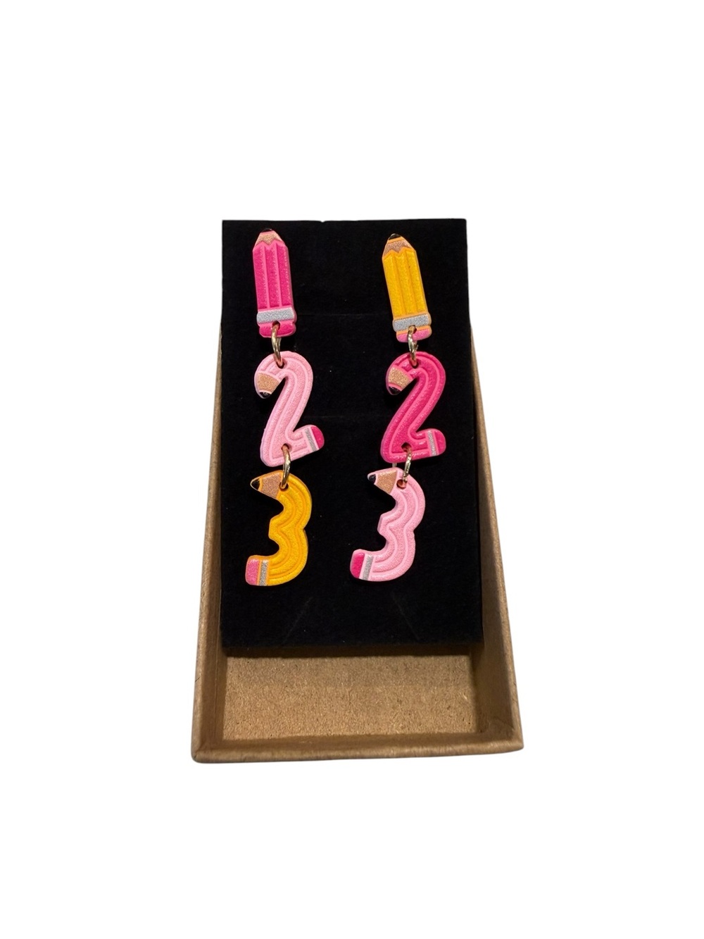 Playful Number Pencil Drop Earrings in Pink & Yellow